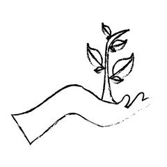 silhouette sketch blurred with hand holding a plant vector illustration