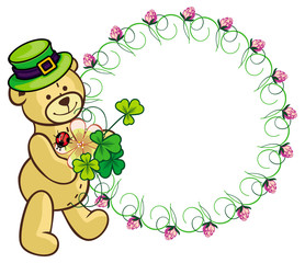 Obraz na płótnie Canvas Clover frame and cute teddy bear in green hat. Vector clip art.