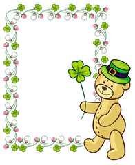 Clover frame and cute teddy bear in green hat.  Vector clip art.