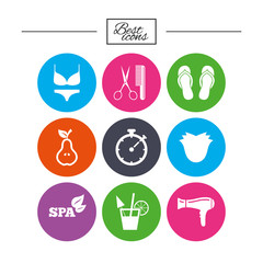 Hairdresser, spa icons. Diet cocktail sign.