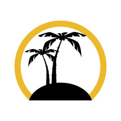 circular shape silhouette beach with palm and island vector illustration