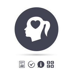 Head with heart sign icon. Female woman head.