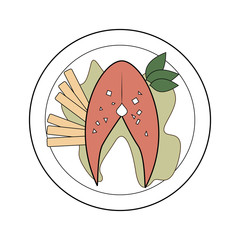 color dish with fish steak with potatos and lettuce vector illustration