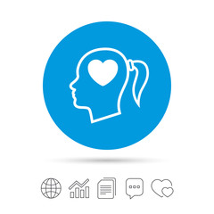 Head with heart sign icon. Female woman head.