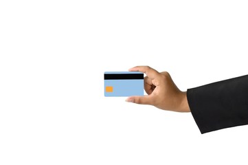 Close up of business woman's hand holding a blue credit card on white background