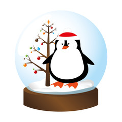 crystal sphere with christmas tree and penguin inside vector illustration