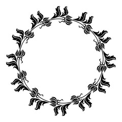 Black and white round frame with flowers silhouettes. 