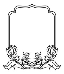 Black and white frame with flowers silhouettes. Raster clip art.