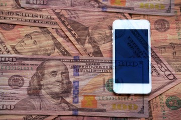 Mobile smart phone and money cash, digital money and fintech concept. double exposure