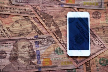 Smartphone and dollar cash background, digital money, e payment concept, double exposure