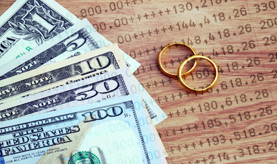 Golden wedding rings, Dollar banknotes cash and bank statement. Marriage of convenience. double exposure.