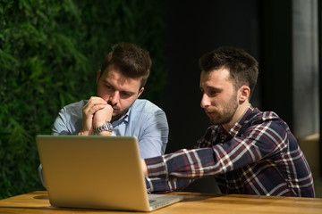 Two young businessmen working on laptop