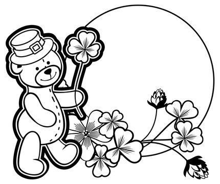 Outline round frame with shamrock contour and teddy bear. Raster clip art.
