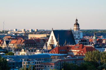 panoramic skyline of Leipzig with townhall and high court at sunset, Germany