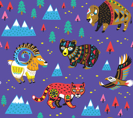 Seamless pattern with mountain animals