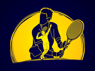 Double exposure, Tennis player sports man designed on moonlight background graphic vector.