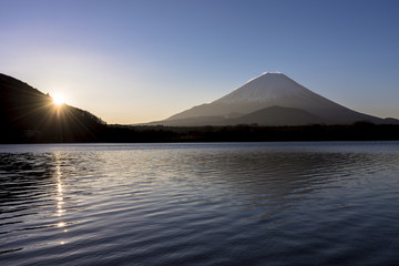 日の出の精進湖より厳冬期の富士山