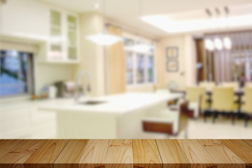 Empty wood table in modern kitchen room. for product montage  display.