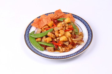 Fried mixed fruit and vegetable with roasted chili plate .