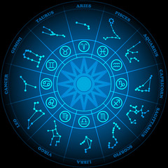 Astronomy of Zodiac Circle with zodiac signs icon vector on black background