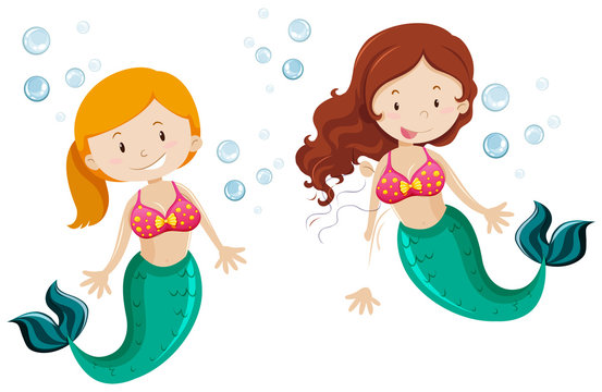 Two cute mermaid swimming underwater