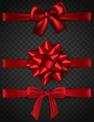 Set of shiny red satin bow, bowtie, ribbon on transparent background. Vector illustration eps 10 format.