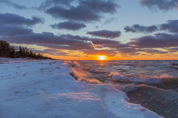 Lake Huron Shoreline in Winter at Sunset