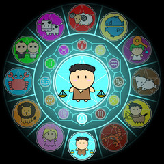 Libra Zodiac in Center Circle of horoscope signs Cartoon icon vector on black background