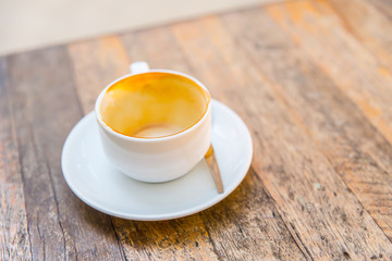 empty coffee cup on wooden table.