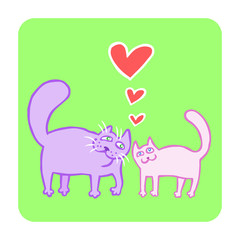 Cartoon Enamored Cats. Romantic mood. Cute love. Freehand digital outline drawing. Isolated vector illustration.