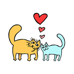 Cartoon Enamored Cats in Yellow and Blue Colors. Romantic mood. Cute love. Freehand digital outline drawing. Isolated vector illustration.