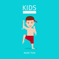 Kids martial art vector illustration. Muay Thai boy on blue background