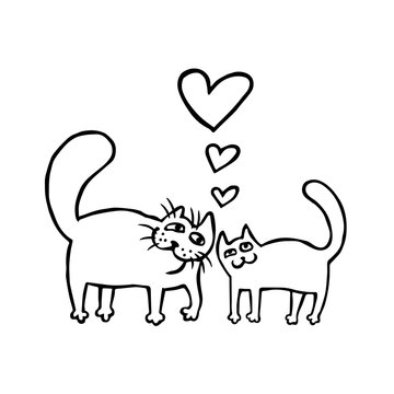 Cartoon Enamored Cats in Black and White Colors. Romantic mood. Cute love. Freehand digital outline drawing. Isolated vector illustration.