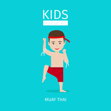 Kids Martial Art Vector Illustration. Muay Thai Boy On Blue Background