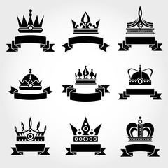 Royal vector crowns and ribbons logo templates set in black 