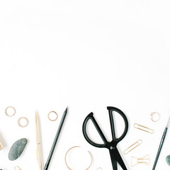 Home office workspace with scissors, clips and female accessories. Flat lay, top view. Blog header or hero.