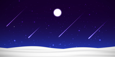 Naklejka premium Vector night sky with moon, shooting stars and snow