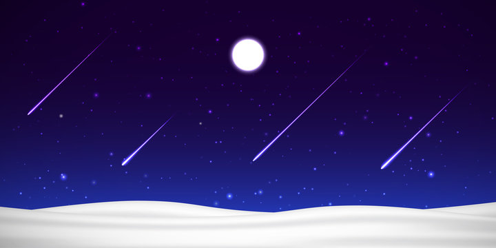 Vector night sky with moon, shooting stars and snow