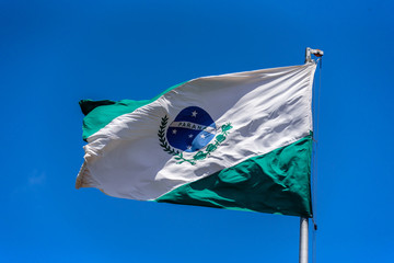 Flag of Parana waving in the wind at flagpole on the background of clear blue sky at sunny summer...