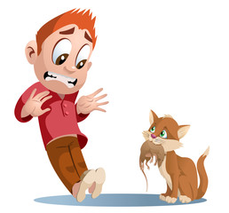 Funny cat holding rat. Man shocked. Cartoon styled vector illustration. Elements is grouped and divided into layers. No transparent objects.