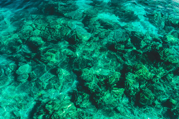 Fototapeta na wymiar Clear and transparent emerald water surface. Paradise holidays