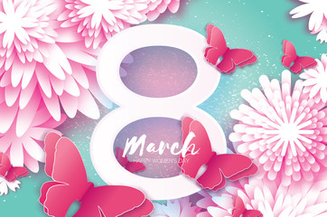 8 March. Women's and Mother's Day. Paper cut Eight, Butterfly. Origami flower.