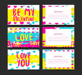 Set of horizontal creative cards for Happy Valentine day. Hand Drawn textures. Collection romantic voucher for valentine party. Design for gift card, personalized invitation, brochure, flyer. Vector. 