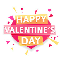 Design banner for Valentine's day. Modern symbol with geometric particles for happy Valentine's day holiday. Pink heart with text for romantic card and banner. Vector. 