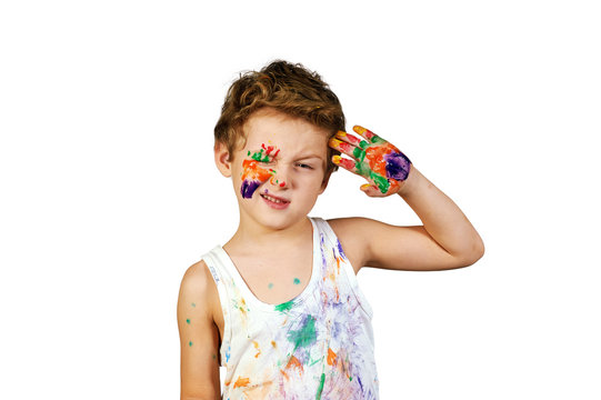boy covered in paint , isolated on white background