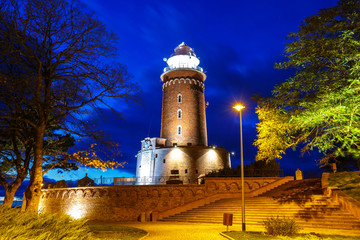 Night view of harbor and the lighthouse in Kolobrzeg, West Pomerania, Poland