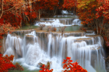 Hui Mae Khamin waterfall in deep forest with soft focus, Thailan