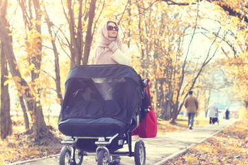 mother in a park stroller autumn
