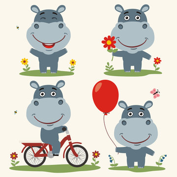 Vector set funny hippo plays on meadow. Collection isolated hippo on bicycle, with balloon and flower in cartoon style.