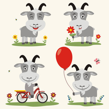 Vector set funny goat plays on meadow. Collection isolated goat on bicycle, with balloon and flower in cartoon style.